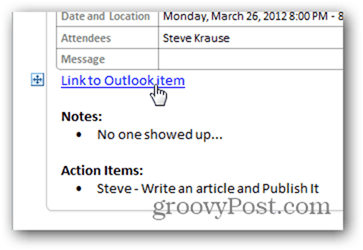 Cliquez sur Lien vers l'élément de calendrier Outlook
