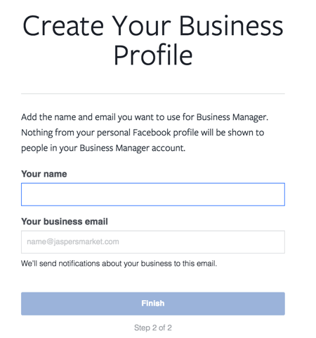 Entrez votre nom et votre adresse e-mail professionnelle pour terminer la configuration de votre compte Facebook Business Manager.