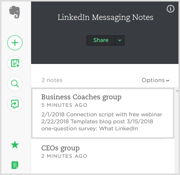 Suivez les messages envoyés à des groupes de contacts LinkedIn dans Evernote. 