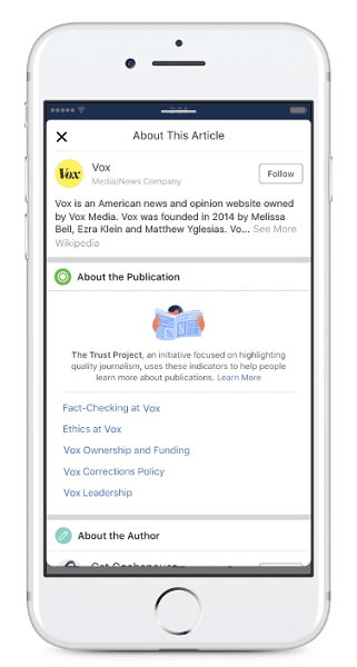 Facebook commencera à afficher les nouveaux indicateurs de confiance des éditeurs pour les articles partagés dans le fil d'actualité.