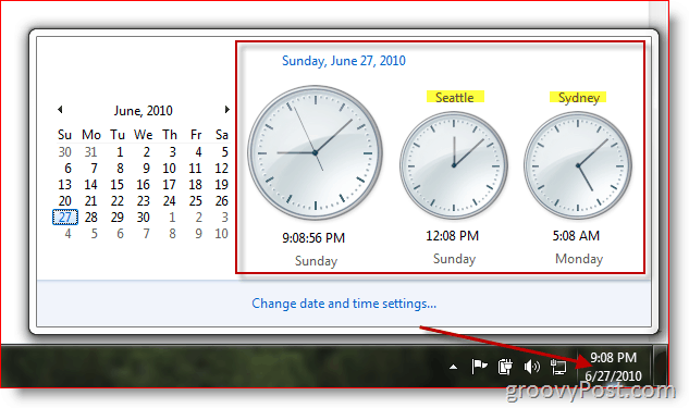 Microsoft Windows 7 affichant des horloges supplémentaires dans différents fuseaux horaires